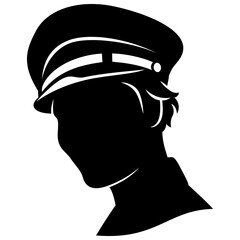 Head of young woman in military cap. Silhouette for avatars, user profiles. Designed to good fit in square and circle. Vector clipart isolated on white.