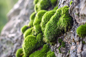 Mossy Texture. The Green Color and Soft Texture of Moss Attached to Rocks or Tree Surfaces.