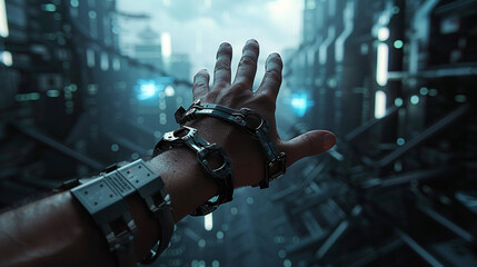 A hand with shackles in a back view perspective, set against a unique, futuristic backdrop background - obrazy, fototapety, plakaty