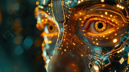 Sophisticated AI robot in lab close up on intricate circuitry and glowing eyes symbolizing the dawn of artificial intelligence.