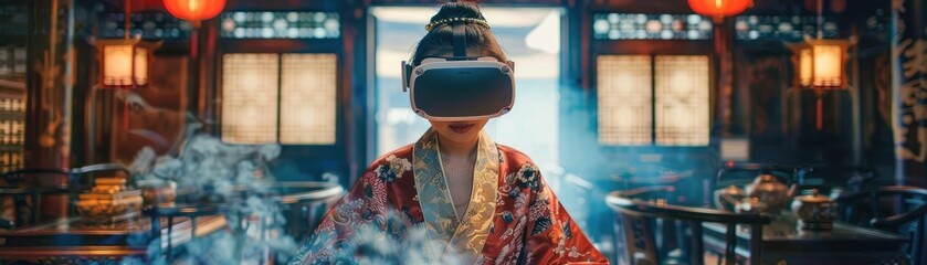 Chengdus teahouses serving virtual reality experiences patrons wandering ancient Sichuan in digital mist - obrazy, fototapety, plakaty