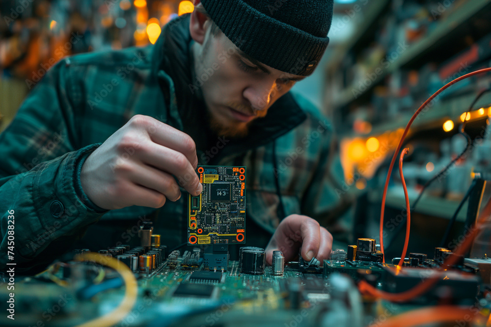 Poster The technician checks the electronic unit and performs electrical measurements