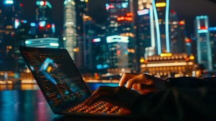 Programming Work Time. Programmer Typing New Lines of HTML Code, night skyscrapers on background. Laptop and Hand Closeup. Web Design Business, Digital technology, software development concept. 