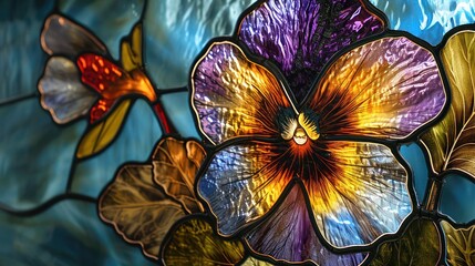 vibrant stained glass portrayal of a pansy, incorporating a spectrum of colors and delicate details to showcase the whimsical beauty of this garden favorite