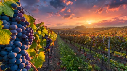 Vineyards at sunset in autumn harvest. Ripe grapes in fall.  - obrazy, fototapety, plakaty