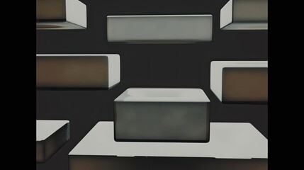 The boxes seem to be flying, repeating chamfer boxs decreasing in height upwards, black background, white boxes