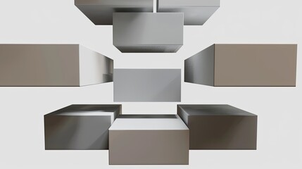 The boxes seem to be flying, repeating chamfer boxs decreasing in height upwards, black background, white boxes