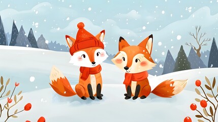 A Cute foxes on the snow during winter season. digital art