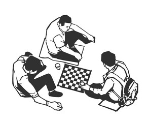 Stylized vector illustration of people drinking and playing chess outdoors in black and white