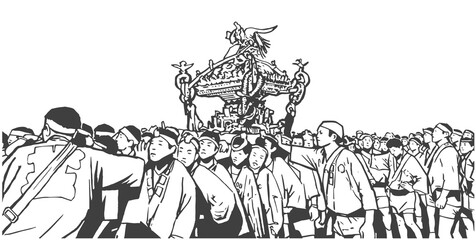 Illustration of Japanese festival procession in black and white