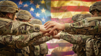An army of American troops joining hands in unity against a vibrant backdrop background