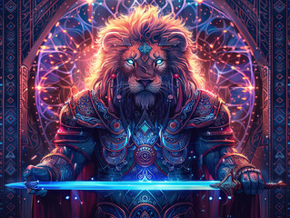 Medieval knight in armor. Portrait of gigantic cute lion deity warrior in a shining armor holding the pitcher. There is a geometric cosmic mandala zodiac style made of lights in the background
