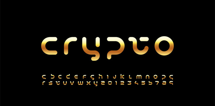 Technology rounded font, digital cyber alphabet futurism style, golden letters A, B, C, D, E, F, G, H, I, J, K, L, M, N, O, P, Q, R, S, T, U, V, W, X, Y, Z and numerals 0, 1, 2, 3, 4, 5, 6, 7, 8, 9
