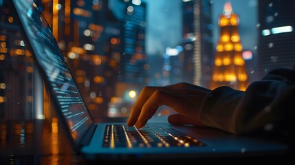 Programming Work Time. Programmer Typing New Lines of HTML Code, night skyscrapers on background. Laptop and Hand Closeup. Web Design Business, Digital technology, software development concept. 