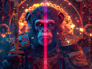 Medieval knight in armor. Portrait of gigantic cute monkey deity warrior in a shining armor holding the pitcher. There is a geometric cosmic mandala zodiac style made of lights in the background
