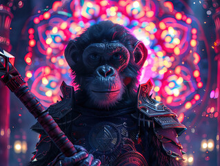 Medieval knight in armor. Portrait of gigantic cute monkey deity warrior in a shining armor holding the pitcher. There is a geometric cosmic mandala zodiac style made of lights in the background