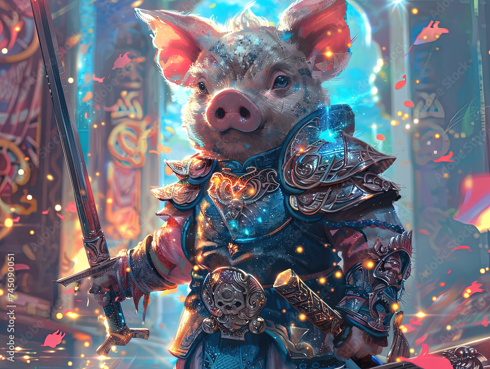 Wall mural Medieval knight in armor. Portrait of gigantic cute pig deity warrior in a shining armor holding the pitcher. There is a geometric cosmic mandala zodiac style made of lights in the background