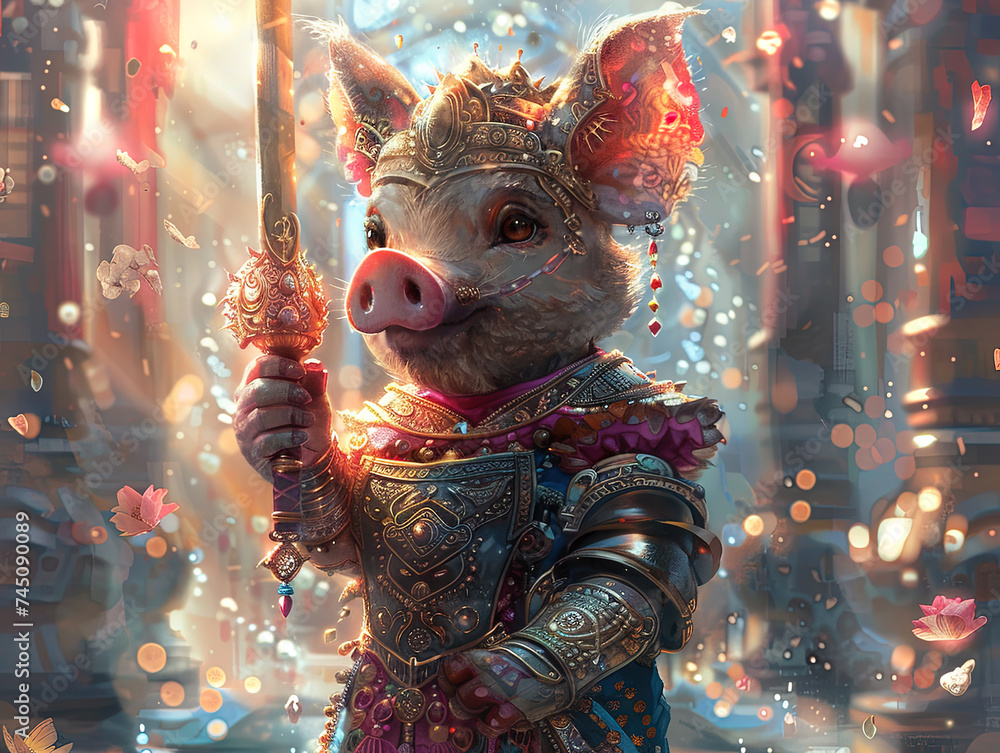 Wall mural Medieval knight in armor. Portrait of gigantic cute pig deity warrior in a shining armor holding the pitcher. There is a geometric cosmic mandala zodiac style made of lights in the background