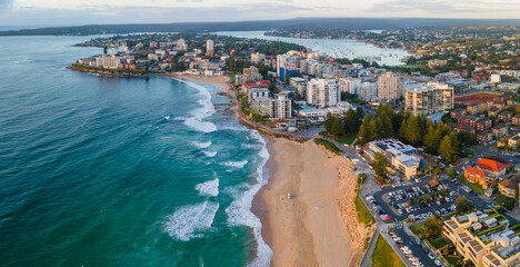 Aerial drone view over Cronulla in the Sutherland Shire, South Sydney, NSW Australia looking toward Gunnamatta Bay on the Port Hacking during the early morning in February 2024 