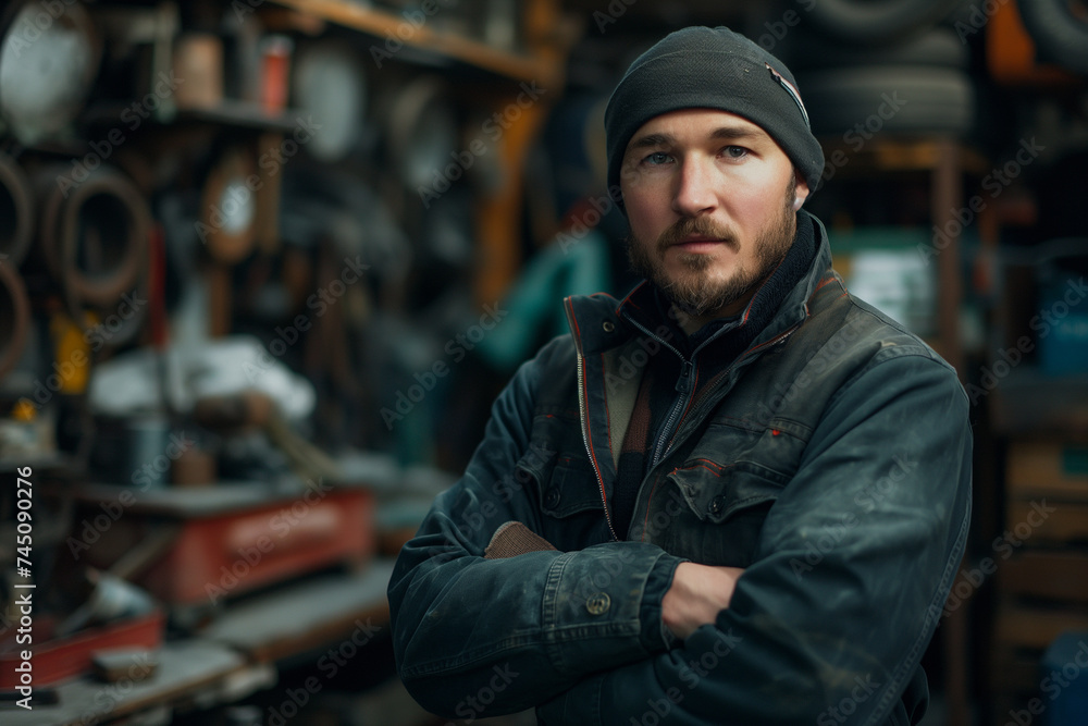 Poster portrait of a confident car mechanic in a workshop
