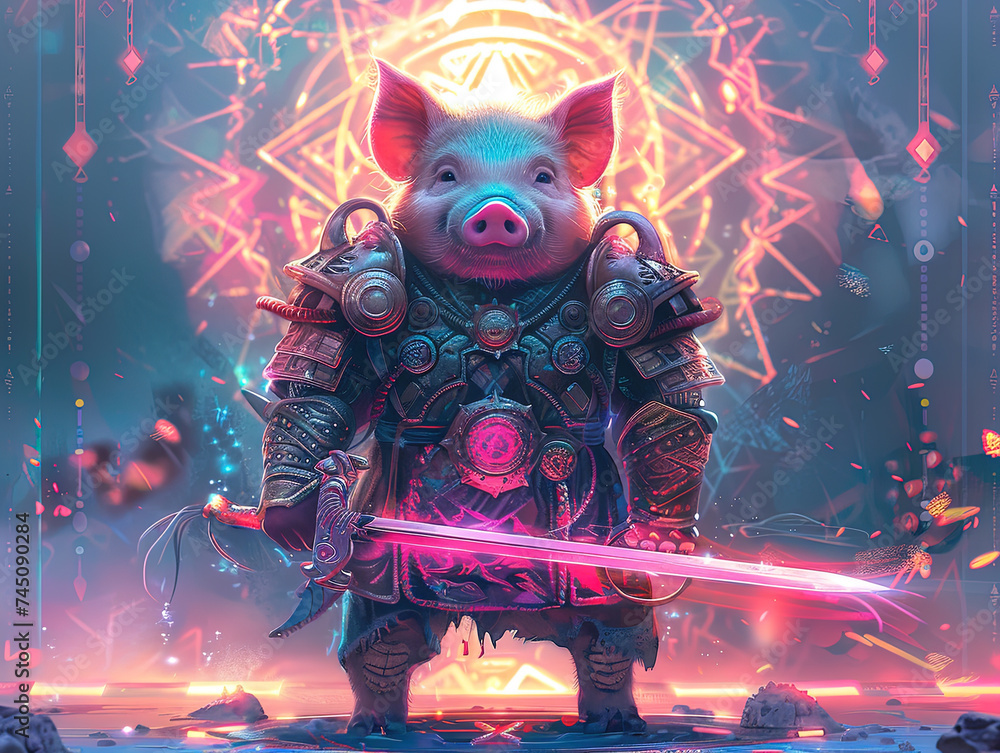 Wall mural Medieval knight in armor. Portrait of gigantic cute pig deity warrior in a shining armor holding the pitcher. There is a geometric cosmic mandala zodiac style made of lights in the background