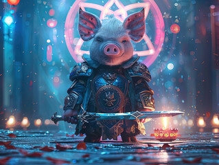 Medieval knight in armor. Portrait of gigantic cute pig deity warrior in a shining armor holding...