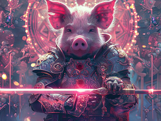 Medieval knight in armor. Portrait of gigantic cute pig deity warrior in a shining armor holding...