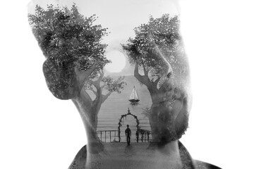 An artistic paintography portrait of a young man in double exposure technique - 745090445