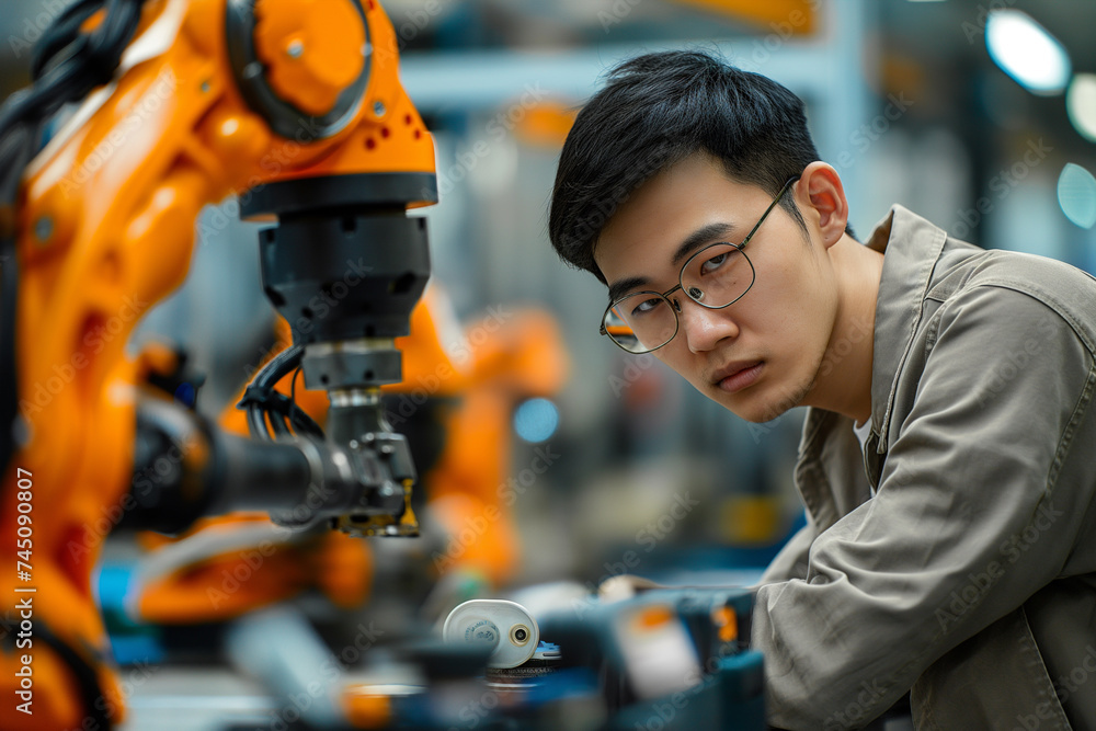 Poster man working at industrial robot in modern factory
