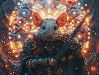 Medieval knight in armor. Portrait of gigantic cute rat deity warrior in a shining armor holding...