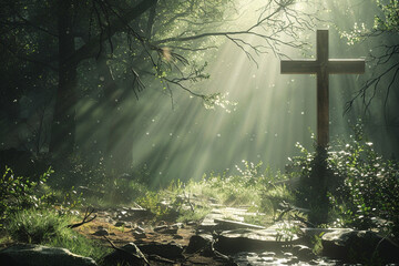 Create a serene and ethereal scene featuring a wooden cross bathed in holy light, set against a backdrop of a mystical forest