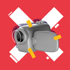 Abstract modern art collage composition with video camera and decorative elements. Creative bright trendy concept illustration. Stylish vector background for cover banner, poster, card.