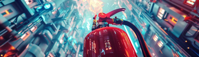 Tuinposter Create a stunning illustration featuring a fire extinguisher as a central element, set against a futuristic backdrop © Bordinthorn