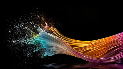 water arrow, fluid, shear, green mint, Yellow orange, magenta and Turquoise hue, motion in the air, isolated on black background, Long exposure photography, highly detailed