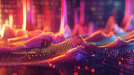 Create a unique 3D animation of a trade graph moving downward, set against an intricate backdrop background