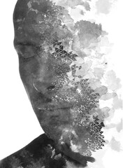 A double exposure paintography male portrait combined with an abstract pattern