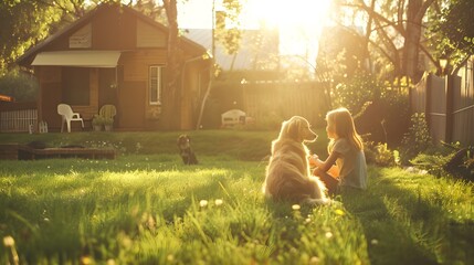 Two Kids Have fun with Their Handsome Golden Retriever Dog on the Backyard Lawn. They Pet, Play,...