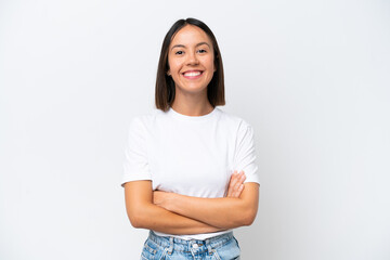 Young caucasian woman isolated on white background keeping the arms crossed in frontal position