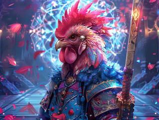 Medieval knight in armor. Portrait of gigantic cute rooster deity warrior in a shining armor...