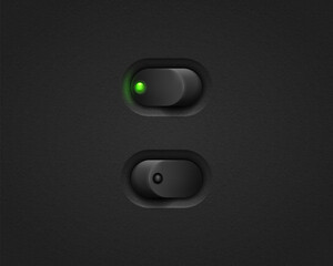 Realistic toggle switch. Black switches with backlight, on/off - position. Vector illustration.