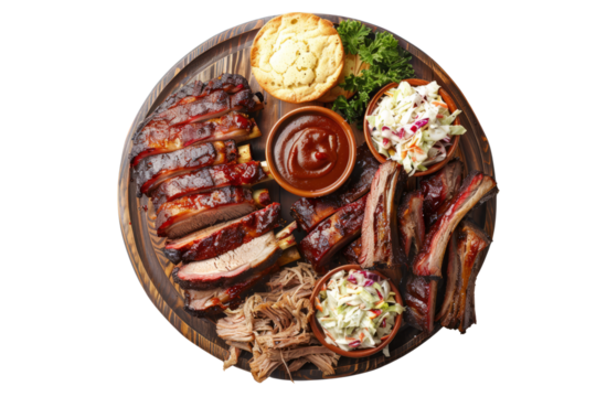 American BBQ platter featuring ribs, brisket, and pulled pork, accompanied by coleslaw and cornbread.