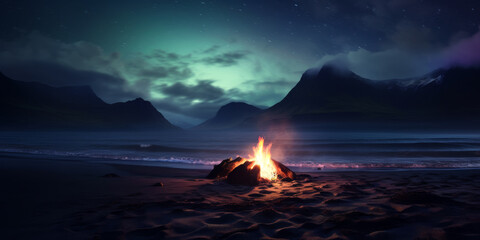 Burning campfire on the beach. Fjord landscape with  distant snow capped mountains. Night sky with stars and northern lights. - 745092442