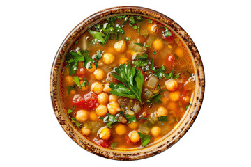 Moroccan harira soup with tomatoes, lentils, chickpeas, onions, and spices in a flavorful broth, traditionally served during Ramadan.
