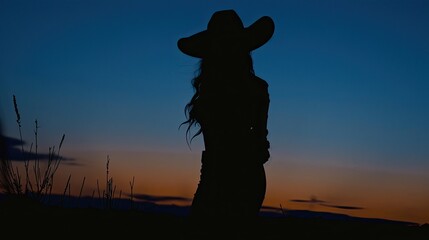 silhouette of a female cowboy during blue hour