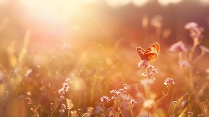 Beautiful wild flowers with butterfly on sunny spring meadow, close-up macro. Landscape wide format, copy space. Delightful pastoral airy artistic image. - obrazy, fototapety, plakaty