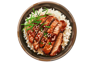 teriyaki chicken donburi, featuring grilled chicken glazed in teriyaki sauce, served over steamed rice and garnished with sesame seeds and green onions. of isolated on white background.
