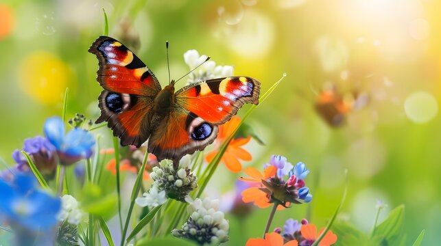 Beautiful wild flowers with butterfly on sunny spring meadow, close-up macro. Landscape wide format, copy space. Delightful pastoral airy artistic image.