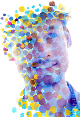 A colorful abstract double exposure paintography portrait of a smiling man - 745092810