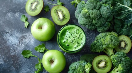 Green juice or smoothie with ingredients. Blended Spinach, Kale, kiwi, green Granny Smith apple, lime, broccoli. Healthy vegetarian diet. - obrazy, fototapety, plakaty