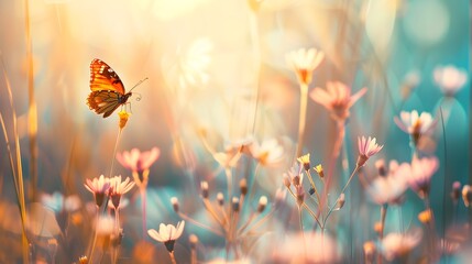Beautiful wild flowers with butterfly on sunny spring meadow, close-up macro. Landscape wide format, copy space. Delightful pastoral airy artistic image.